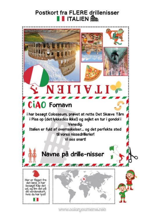 Farvelægningssiden til udskrivning Italien Julefejls Rejse Postkort Postkort Fra Flere Nisser