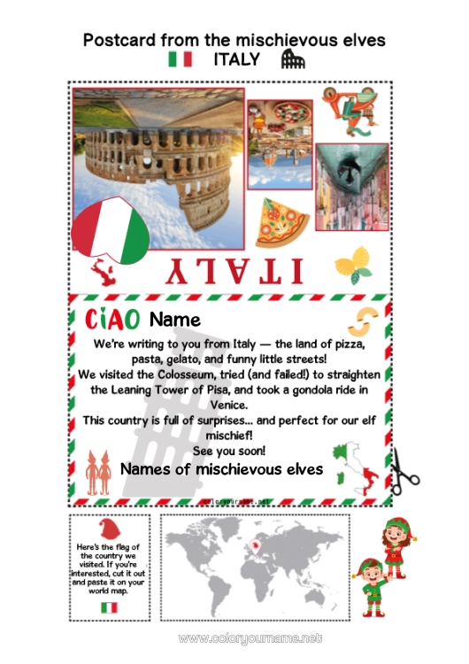 Colouring page to print Italy Mischievous Elf's Journey Postcard Postcard Of Multiple Elves