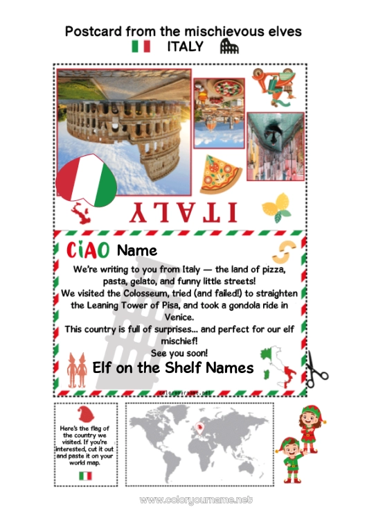 Coloring page to print Italy Christmas Elf Trip Postcard Postcard of SEVERAL elves