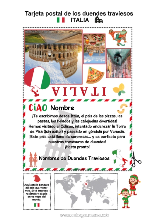 Dibujo para colorear para imprimir Italia Viaje del duende navideño Tarjeta postal Tarjeta postal de varios duendes