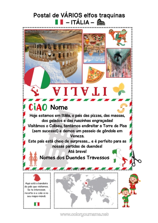 Página de desenho para imprimir Itália Viagem Do Elfo De Natal Cartão Postal Cartão Postal De Vários Duendes