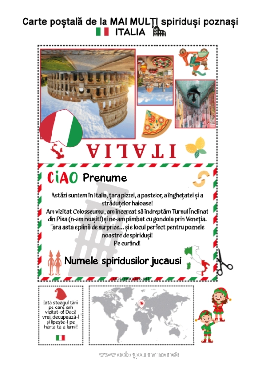 Pagină de colorat de imprimat Italia Călătoria Elfului De Crăciun Carte Poștală Carte Poștală De Mai Mulți Spiriduși