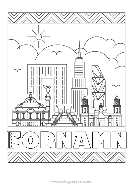 Färgläggningssida att skriva ut Geografi Mexiko Stadsmiljö Världens stad Silhuett Mexiko