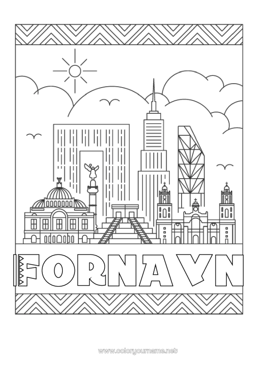 Fargeleggingssiden til utskrift Geografi Mexico Bylandskap Verdensby Silhuett Mexico