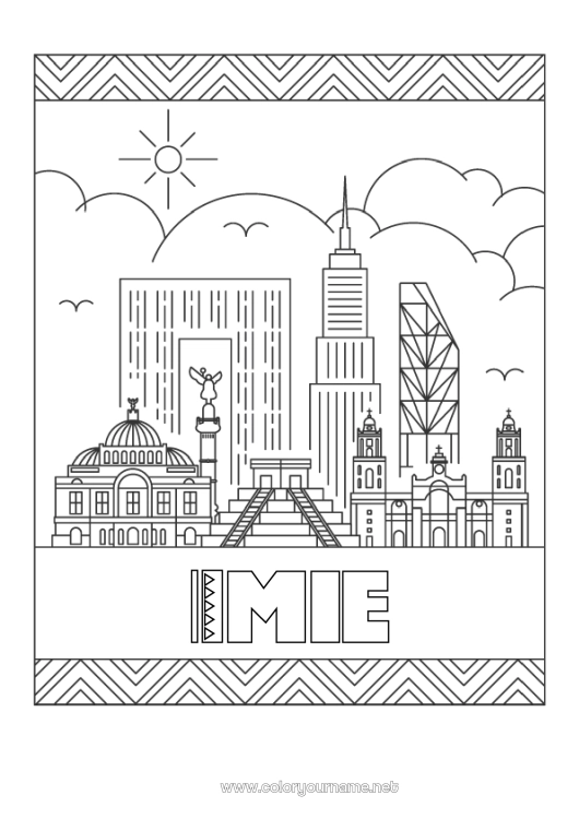 Kolorowanka do wydruku Geografia Meksyk Krajobraz miejski Miasto świata Linia horyzontu Meksyk