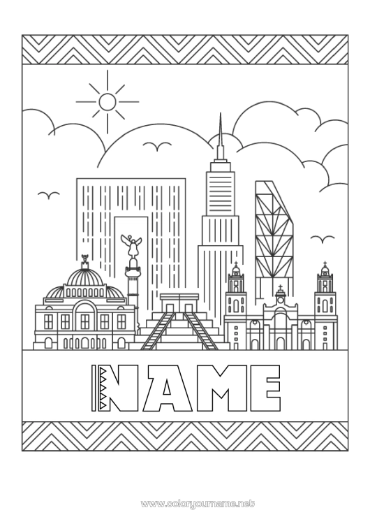 Coloring page to print Geography Mexico City ??landscape City of the world Skyline Mexico