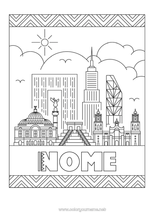 Página de desenho para imprimir Geografia México Paisagem urbana Cidade do mundo Linha do horizonte Mexique