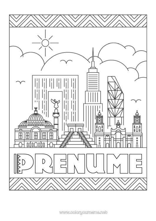 Pagină de colorat de imprimat Geografie Mexic Peisaj urban Orașul lumii Silhouette urbană Mexic