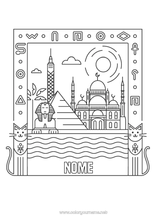 Página de desenho para imprimir Egito Paisagem urbana Pirâmide Cidade do mundo Linha do horizonte