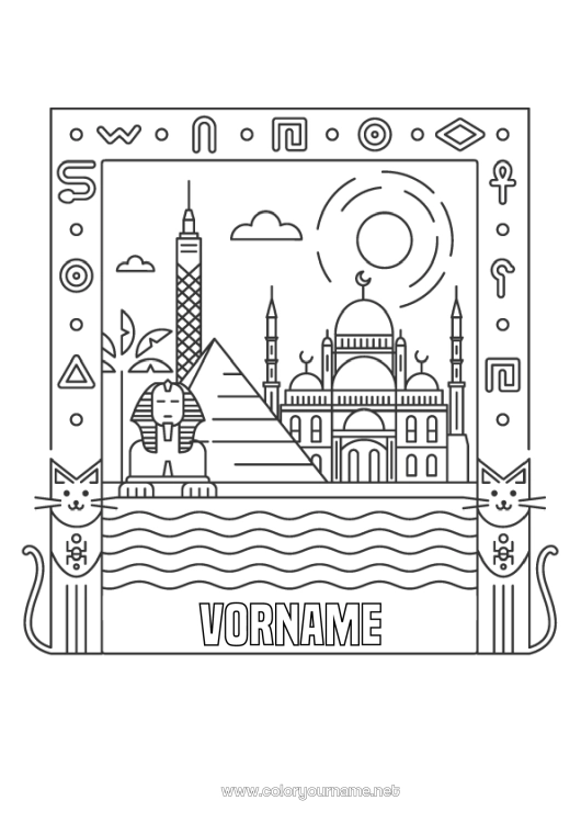 Malvorlage zum Ausdrucken Ägypten Stadtbild Pyramide Weltstadt Skyline