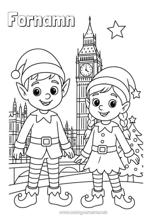 Färgläggningssida att skriva ut Julnissar Tomtefärgläggningar London Storbritannien Julälvens resa Flera busiga tomtenissar Färgläggning av busiga resande tomtar