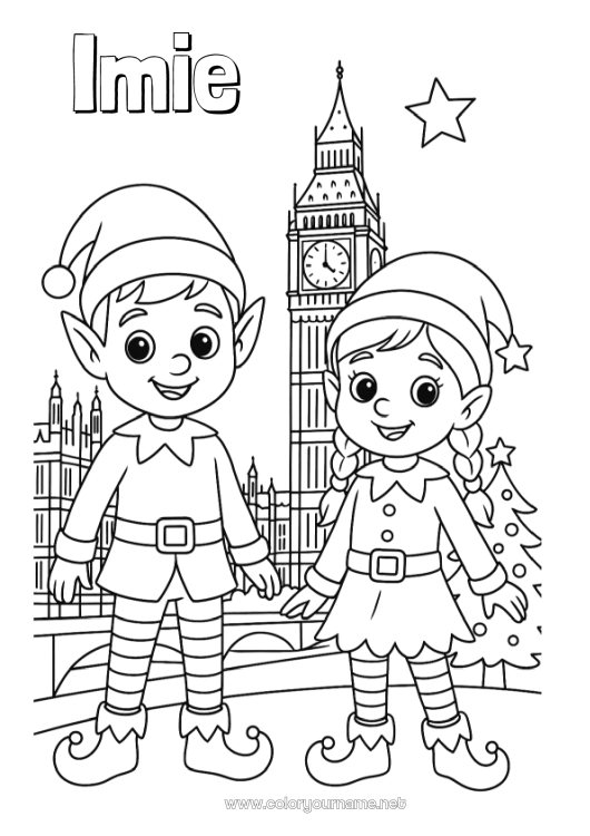 Kolorowanka do wydruku Świąteczne skrzaty Kolorowanki dla skrzatów Londyn Zjednoczone Królestwo Podróż Świątecznego Elfa Kilku psotnych elfów Kolorowanka Psotne Skrzaty Podróżnicy