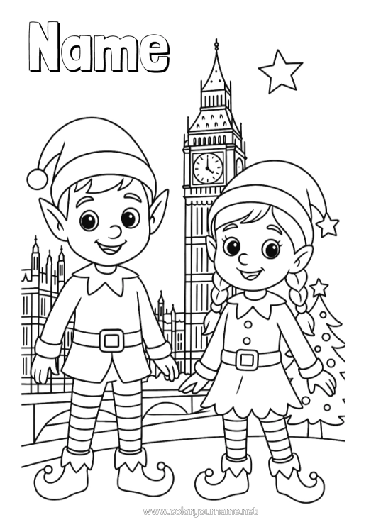 Colouring page to print Christmas Elves Elf Colouring Pages London United Kingdom Mischievous Elf's Journey Several Mischievous Elves. Colouring Mischievous Travelling Goblins