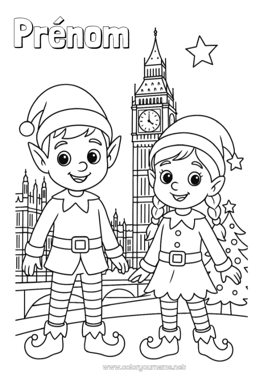 Coloriage à imprimer Lutins de Noël Coloriages lutins Londres Royaume-Uni Voyage de lutin farceur Plusieurs lutins farceurs Coloriage Lutins farceurs Voyageurs