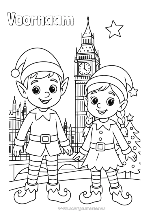 Kleurplaat om af te drukken Kerstelf Elfjes kleurplaten Londen Verenigd Koninkrijk Kerstelfreis Meerdere kerst elfen Reizende Kerstkabouters