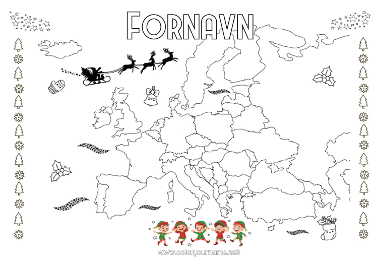Fargeleggingssiden til utskrift Julenissen Julealver Fargelegging av nisser Verdenskart Julealvens reise Kontinentkart Fargelegging av luringer på reise Europa