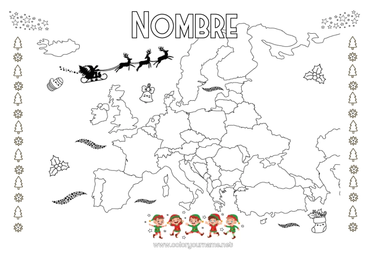Dibujo para colorear para imprimir Papá Noel Elfos de navidad Dibujos de Elfos para colorear Mapa del mundo Viaje del duende navideño Mapa de continentes 🇪🇸 Duendes de Navidad Viajeros Europa