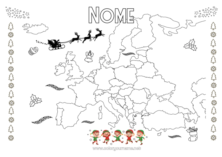 Página de desenho para imprimir Pai Natal Elfo de Natal Páginas para colorir de elfos Mapa do Mundo Viagem do Elfo de Natal Mapa dos continentes Duendes de Natal Viajantes Europa