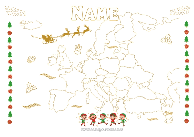 Coloring page to print Santa Claus Christmas elves Elves coloring pages Geography World Map Christmas Elf Trip Map of continents Traveling Christmas Elves Europe