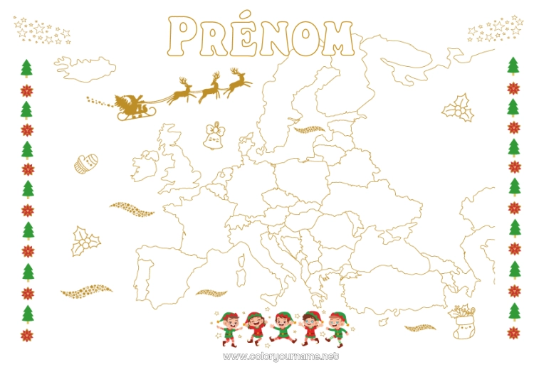 Coloriage à imprimer Père Noël Lutins de Noël Coloriages lutins Géographie Carte du monde Voyage de lutin farceur Carte des continents Coloriage Lutins farceurs Voyageurs Europe