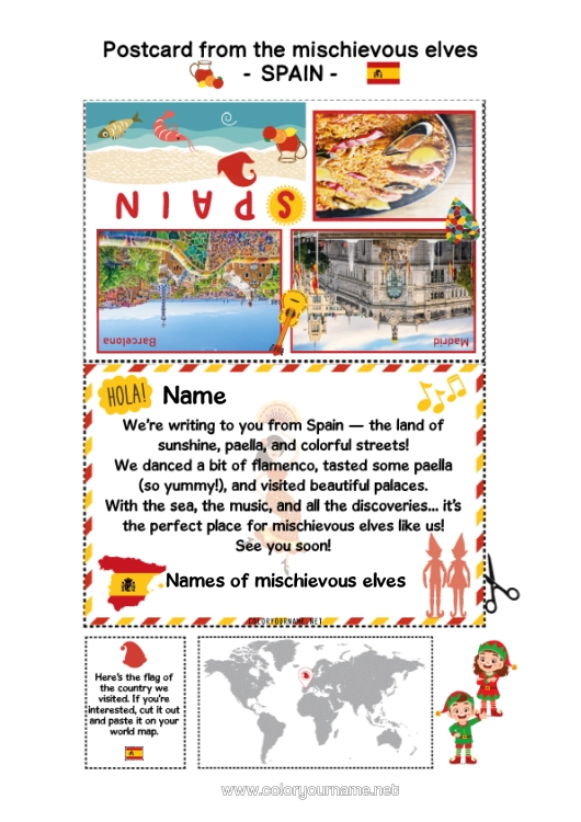 Colouring page to print Christmas Elves Elf Colouring Pages Spain Mischievous Elf's Journey Postcard Postcard Of Multiple Elves Several Mischievous Elves.