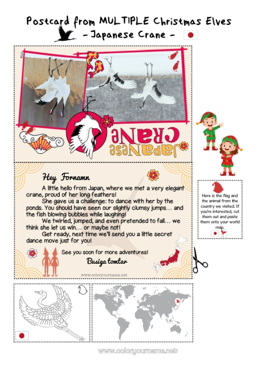 Färgläggningssida att skriva ut Julnissar Tomtefärgläggningar Japan Julälvens resa Postkort Postkort från FLERA tomtar Flera busiga tomtenissar Färgläggning av busiga resande tomtar