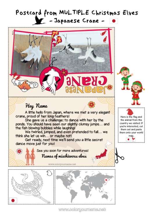 Colouring page to print Christmas Elves Elf Colouring Pages Japan Mischievous Elf's Journey Postcard Postcard Of Multiple Elves Several Mischievous Elves. Colouring Mischievous Travelling Goblins