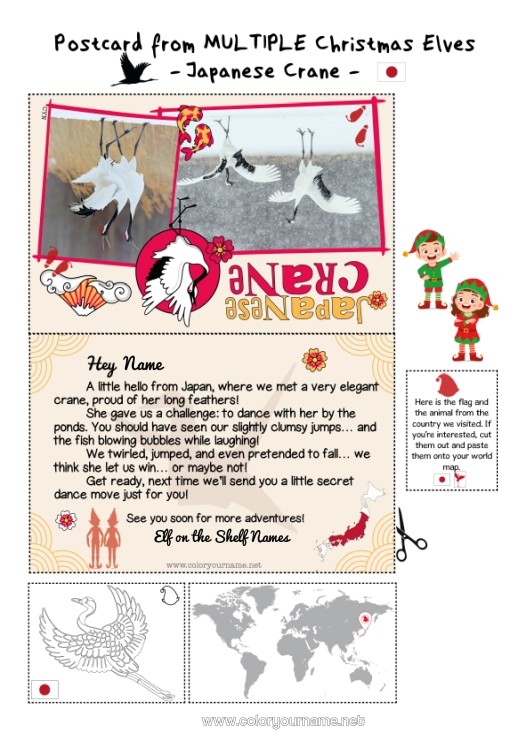 Coloring page to print Christmas elves Elves coloring pages Japan Christmas Elf Trip Postcard Postcard of SEVERAL elves For several Christmas elves Traveling Christmas Elves