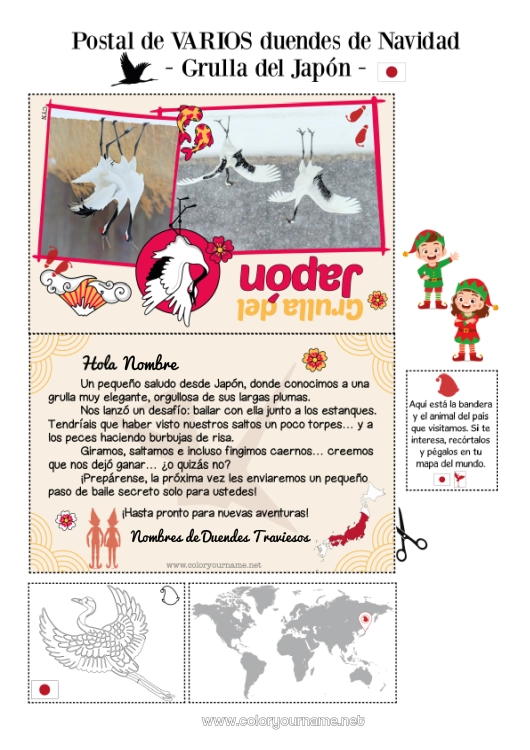 Dibujo para colorear para imprimir Elfos de navidad Dibujos de Elfos para colorear Japón Viaje del duende navideño Tarjeta postal Tarjeta postal de varios duendes Varios duendes traviesos 🇪🇸 Duendes de Navidad Viajeros