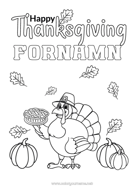 Färgläggningssida att skriva ut Pumpa Tacksägelsedagen Paj Döda löv Tacksägelsemåltid Tacksägelse kalkon