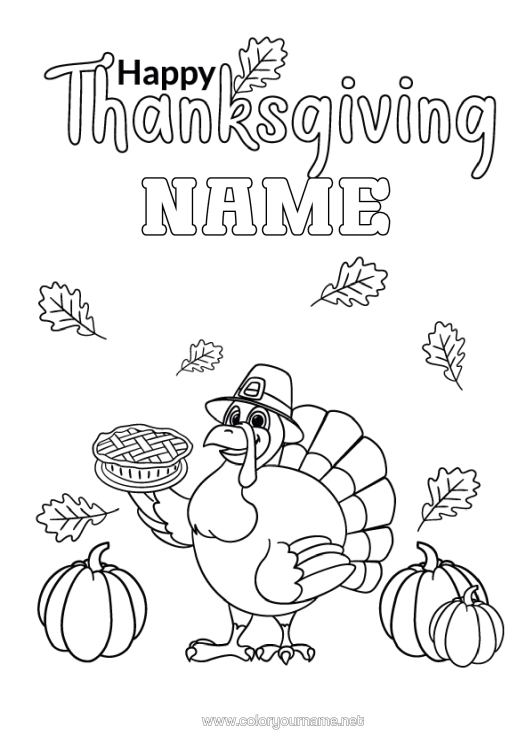 Colouring page to print Pumpkin Thanksgiving Pie Dead Leaves Thanksgiving Meal Thanksgiving Turkey