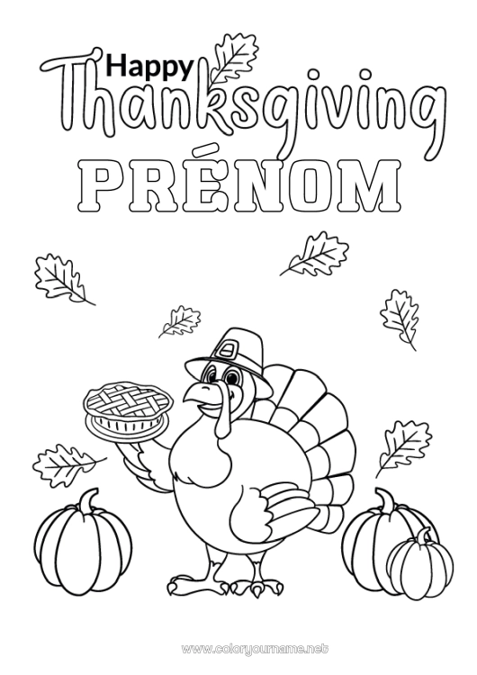 Coloriage à imprimer Citrouille Thanksgiving Tarte Feuilles mortes Repas de Thanksgiving Dinde de Thanksgiving