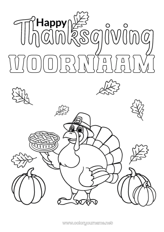 Kleurplaat om af te drukken Pompoen Dankzegging Taart Dode bladeren Thanksgivingmaaltijd Thanksgiving-kalkoen