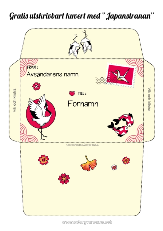 Färgläggningssida att skriva ut Japan Kuvert Utskriftskuvert Julälvens resa Kuvert för tomtens post