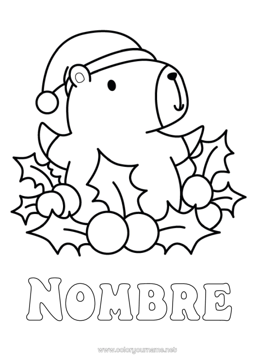 Dibujo para colorear para imprimir Navidad Acebo Dibujos fáciles para colorear Otros animales del mundo Gorro navideño Capibara