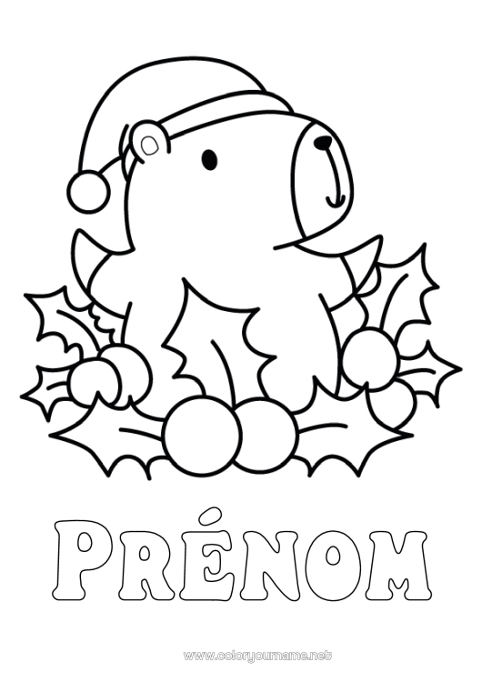 Coloriage à imprimer Noël Houx Coloriages faciles Autres animaux du monde Bonnet de Noël Capibara