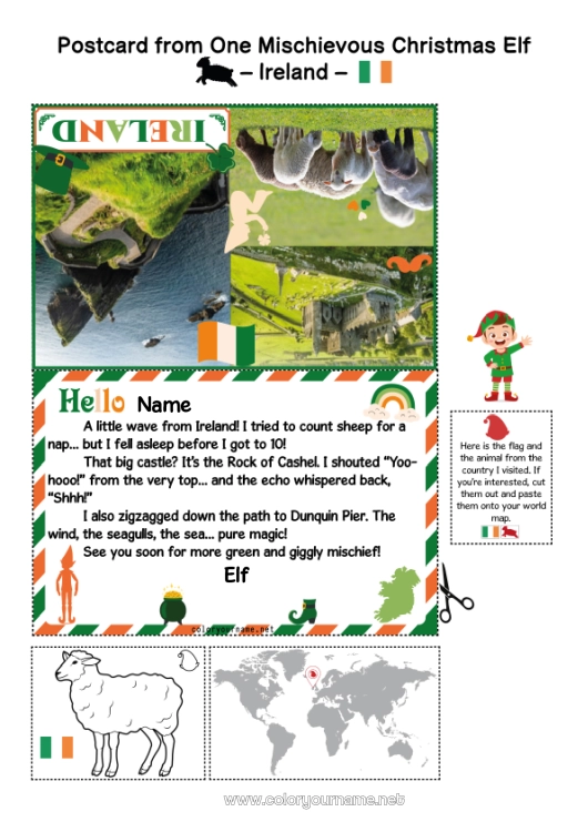 Coloring page to print Ireland Christmas Elf Trip Postcard Postcard of a SINGLE elf For a single Christmas elf