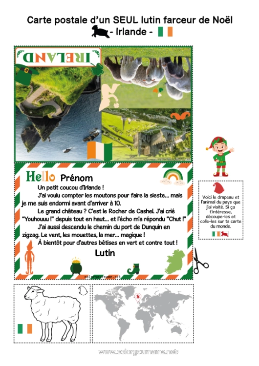 Coloriage à imprimer Irlande Voyage de lutin farceur Carte postale Carte postale d'un SEUL lutin Un seul lutin farceur