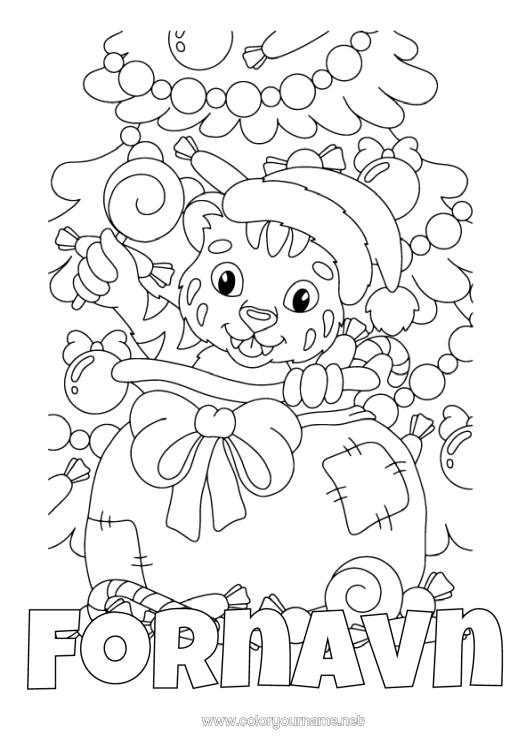 Fargeleggingssiden til utskrift Gaver Juletre Jul Tiger Hette Afrikanske villdyr Julelue