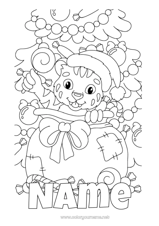 Coloring page to print Gifts Christmas tree Christmas Tiger Hood Wild animals of Africa Christmas hat