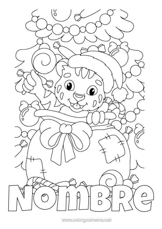 Dibujo para colorear para imprimir Regalos árbol de Navidad Navidad Tiger Capucha Animales salvajes de África Gorro navideño