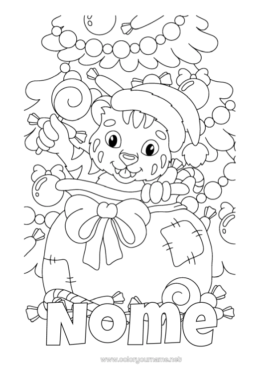 Página de desenho para imprimir Presentes Árvore de Natal Natal Tigre Saco de Presentes Animais selvagens da África Gorro de Natal