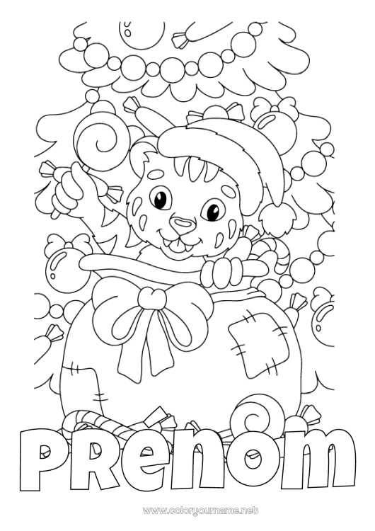 Coloriage à imprimer Cadeaux Sapin de Noël Noël Tigre Hotte Animaux sauvages d'Afrique Bonnet de Noël