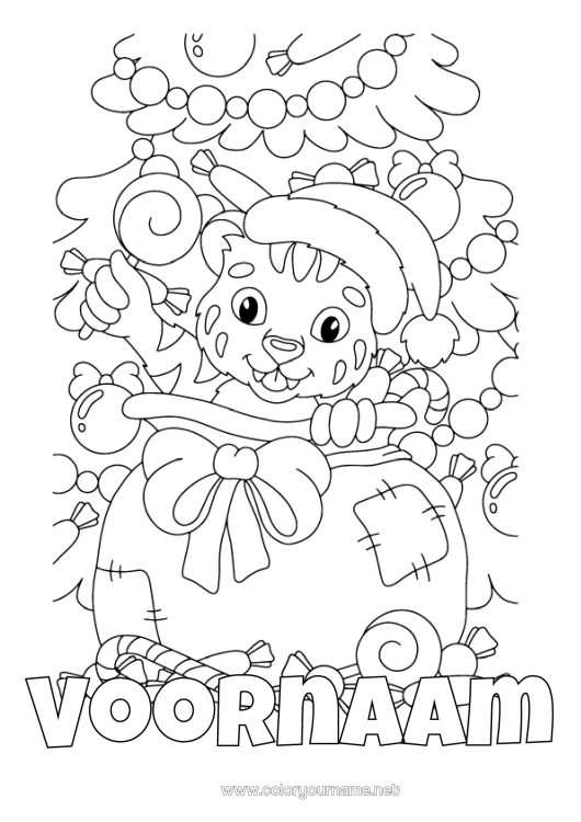 Kleurplaat om af te drukken Cadeaus Kerstboom Kerstmis Tijger Zak Wilde dieren van Afrika Kerstmuts