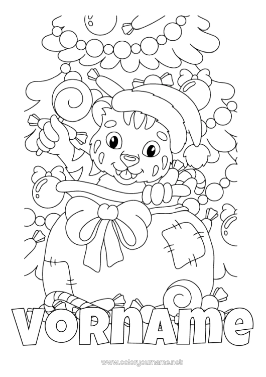 Malvorlage zum Ausdrucken Geschenke Weihnachtsbaum Weihnachten Tiger Geschenkesack Wilde Tiere Afrikas Weihnachtsmütze