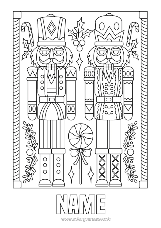 Coloring page to print Christmas Candy cane Treats Games and toys Lollipop Nutcracker