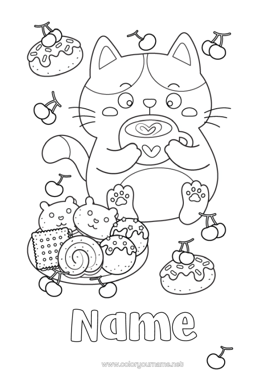 Colouring page to print Cat Animal Cherry Doughnuts Fruit Café Drink Treats, Sweets Dogs And Cats