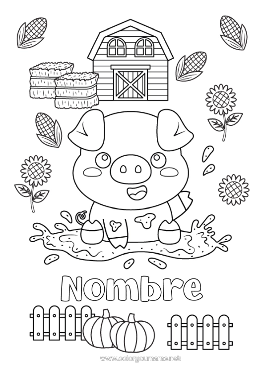 Dibujo para colorear para imprimir Calabaza Kawaii Cerdo Granja Girasol Animales de granja Granero