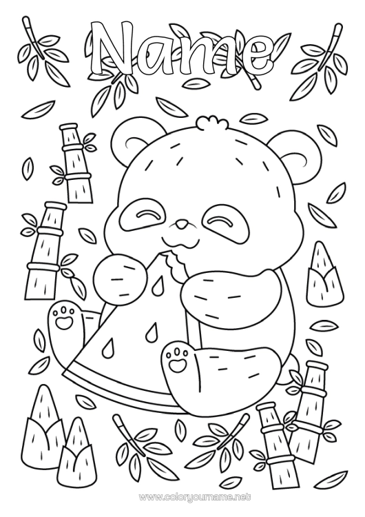 Colouring page to print Animal Panda Fruit Other Animals Of The World Watermelon Bamboo
