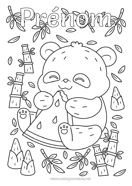 Coloriage à imprimer Panda Fruits Autres animaux du monde Pastèque Bambou